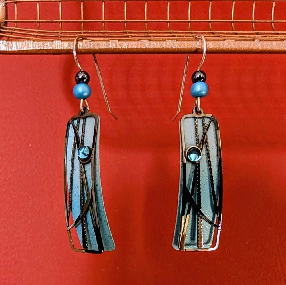 Artsy Boho Chic Dangle Blue & Black Metal Art Deco Earrings Modern Abstract